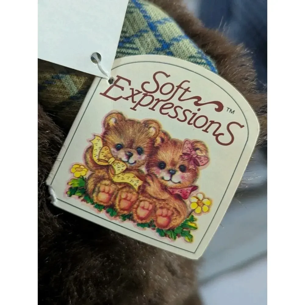 Vtg Dan Dee Soft Expressions Teddy Bear Plush Brown Plaid Paws Bow NWT 16